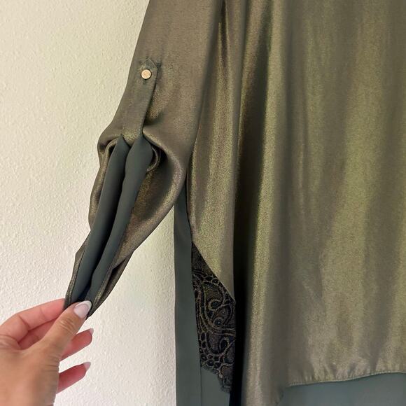 Chico’s asymmetric metallic olive green tunic holiday party Whimsigoth fairy XL - Picture 2 of 13